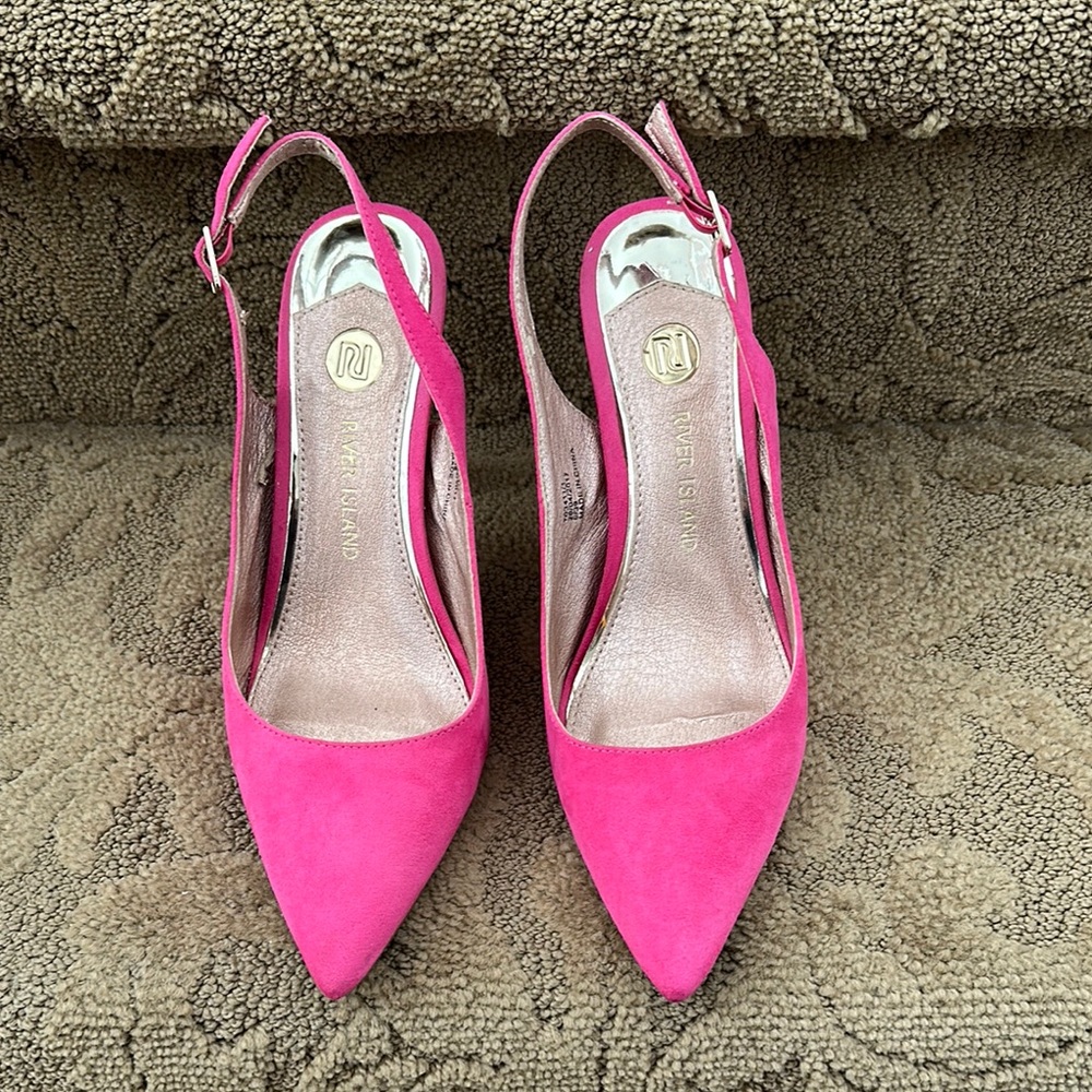 River Island Hot Pink Slingback Heels Pointed Toe Faux Suede US Size 8 Heel 4”